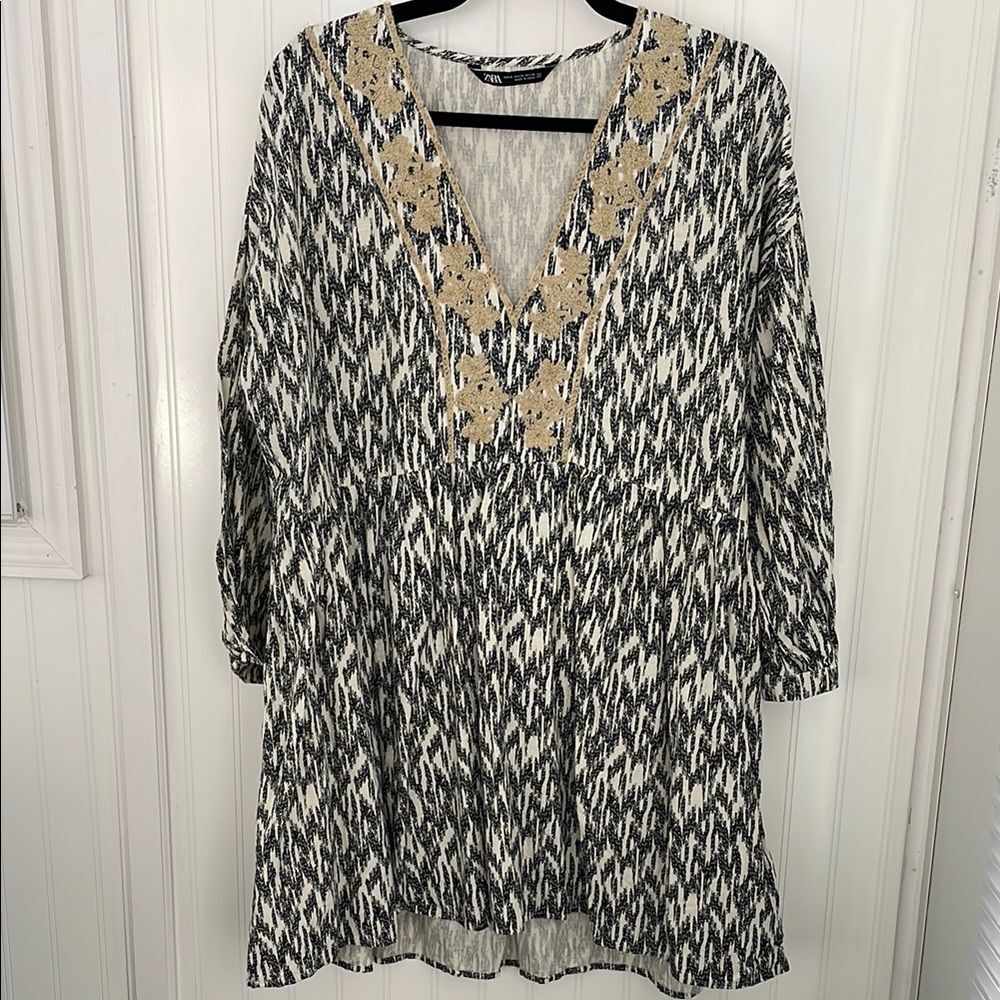 Zara Black and Off-white Dress with Embroidery and Beading Cotton/Linen Blend XL